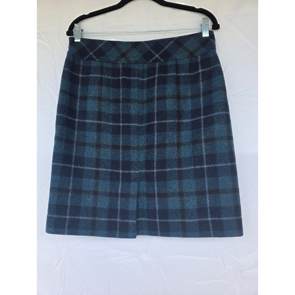 LL Bean Blue Green Plaid Wool Blend Skirt Womens 8 Petite Pencil Skirt Vintage - Picture 4 of 9